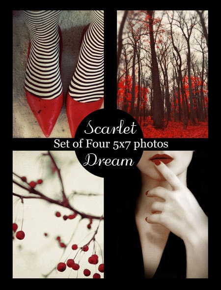 Set of Four 5x7 Prints, Scarlet Dream, Instant Art Collection in Red Black White, Fine Art Photography Set