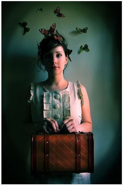 Girl with Suitcase Portrait, 4x6 Photo, The Escape Artist, Butterflies Portrait,
