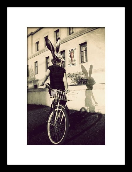 Photo Collage,  Bunny on Bicycle, 4x6 Rabbit Head, Bicycle Photograph, Monochromatic Fine Art Print