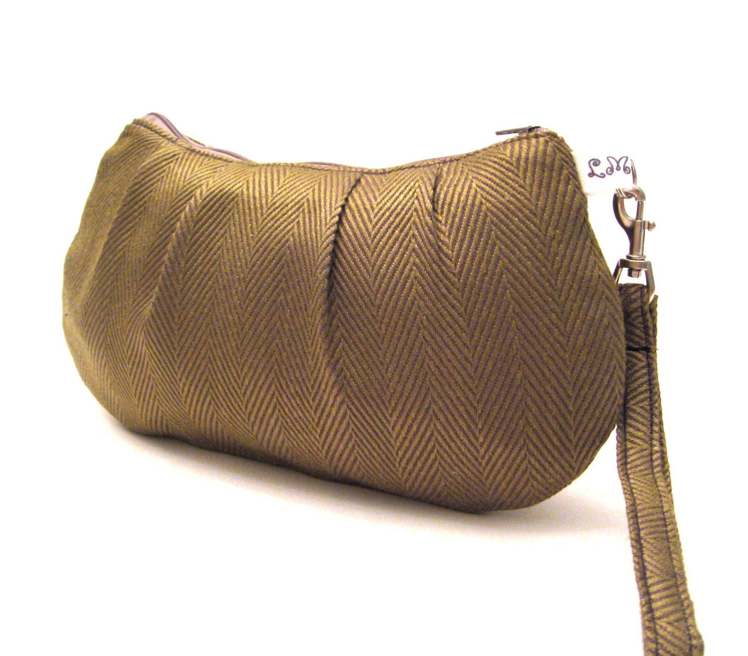 Pleated Wristlet Clutch Purse - Herringbone pattern in Khaki Golden Olive Green