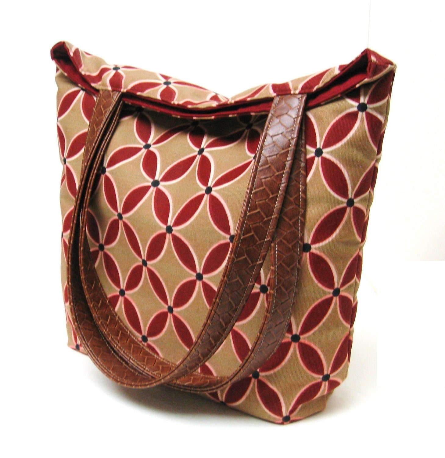 Tote Shoulder Bag Geometric Pattern in Red Sand Beige