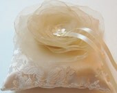 Wedding Ring Pillow in Ivory Beige Bloom on Brocade Cream Satin