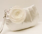 Bridal Bridesmaid Clutch Purse Pleated Wristlet  Cream Ivory Satin with Flower Brooch