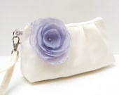 Bridal Bridesmaid Clutch Purse Wristlet Ivory Cream Satin with Purple Flower Brooch