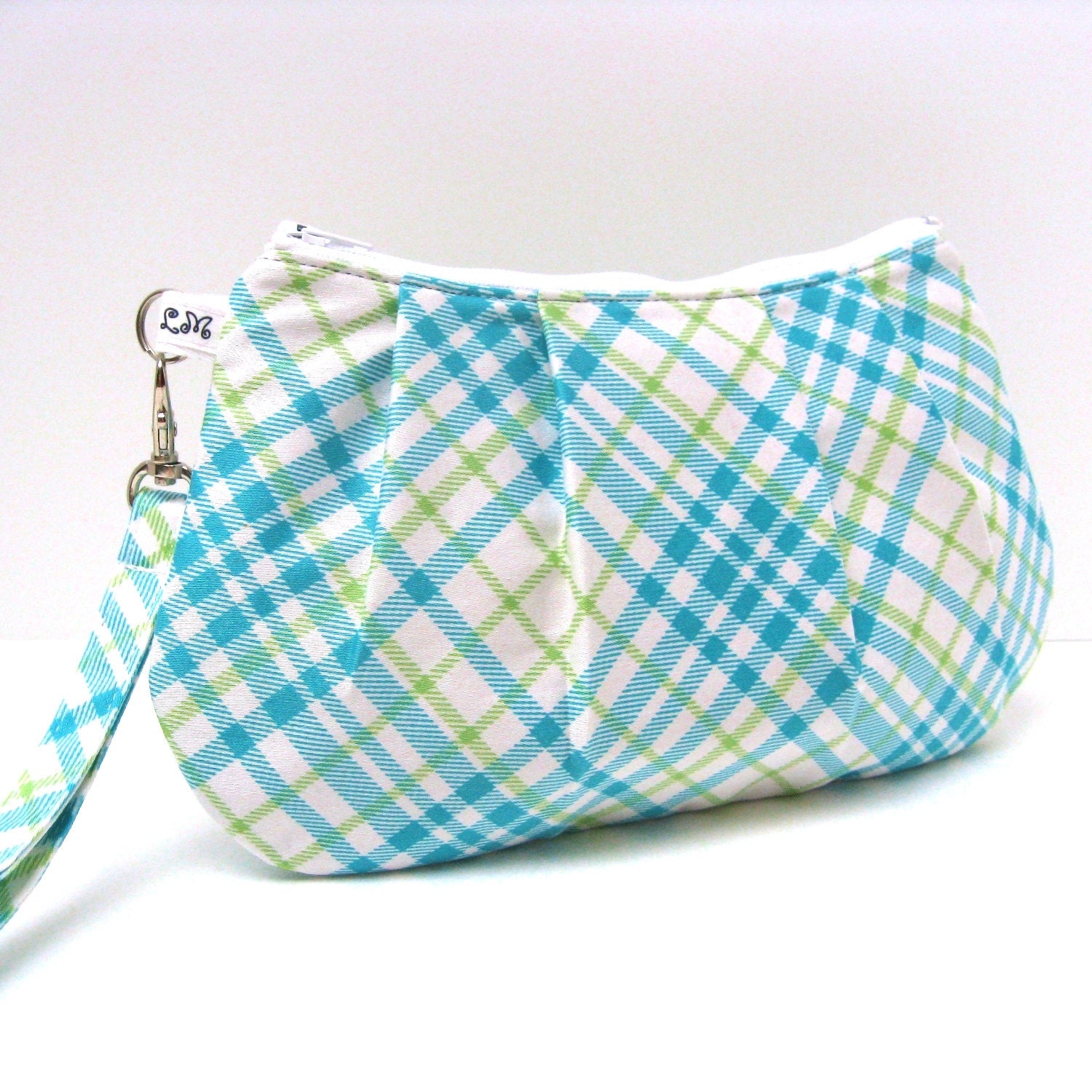 Clutch Purse, Pleated Wristlet, Blue Green White Plaid Checks