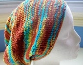 Fun hand knit cotton chenille slouchy beanie hat - tan turquoise yellow