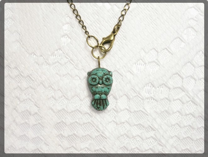 Two Antique brass Turquoise Owl Necklaces