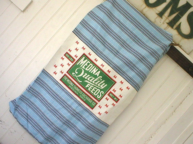SALE Vintage feedsack original paper label, indigo sky blue stripe - Medina Feeds, Ohio
