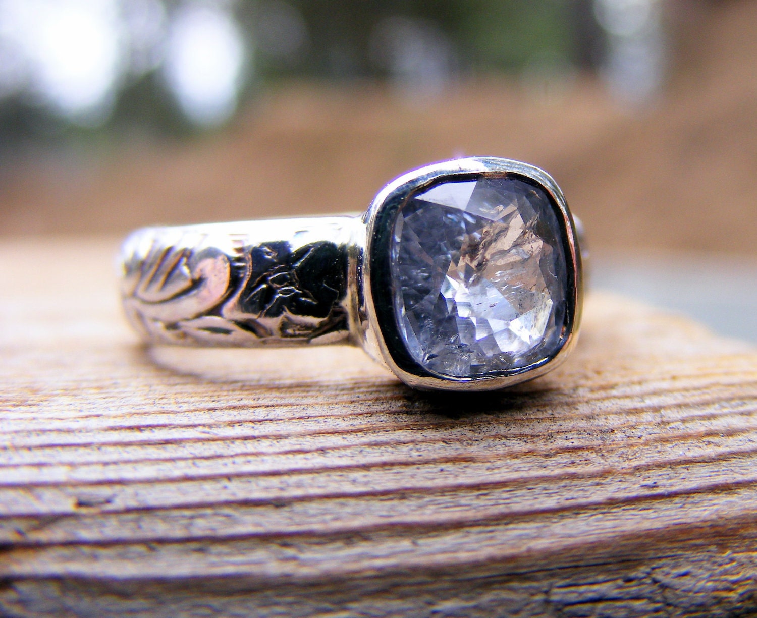 White Topaz Ring Sterling Silver Floral Pattern Ring Band, Non Traditional Wedding Ring, Engagement Ring,