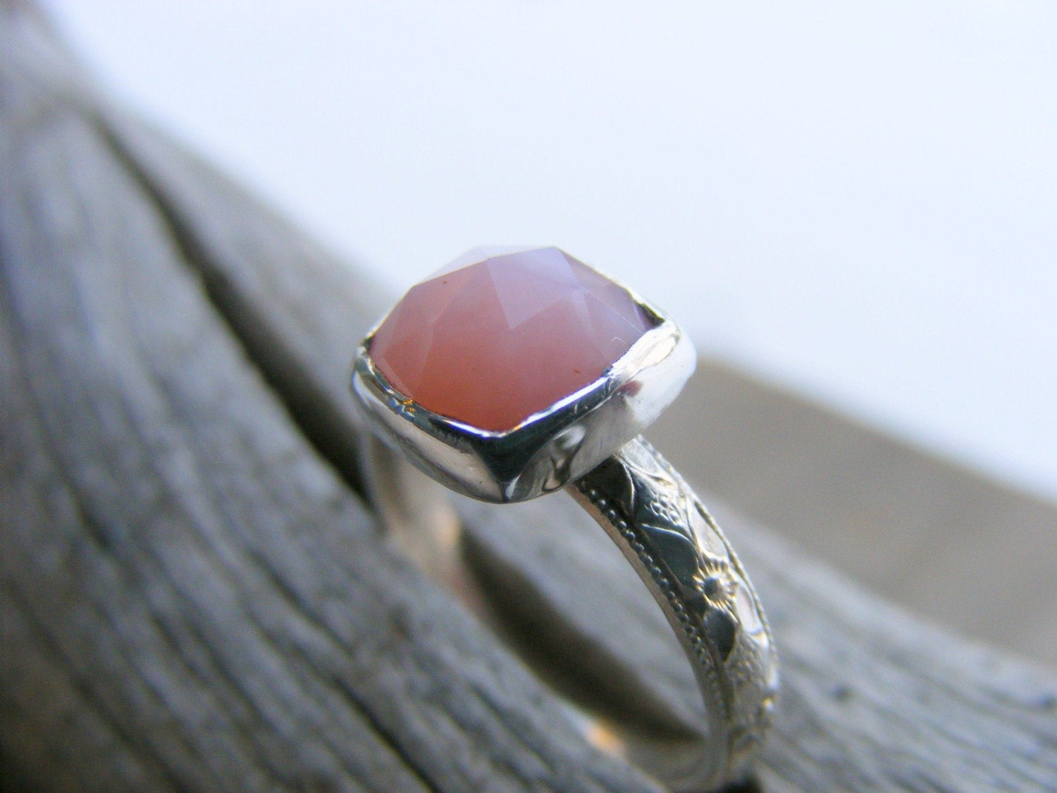 Faceted Peruvian Pink Opal Gemstone Sterling Silver Ring