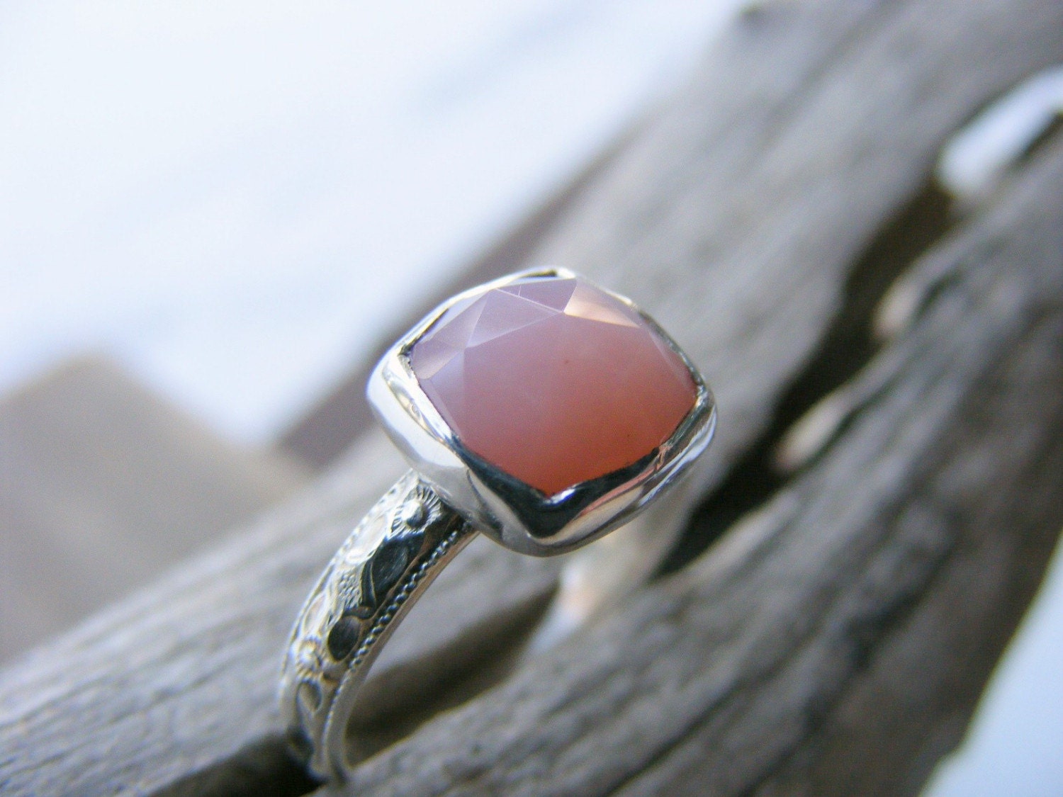 Faceted Peruvian Pink Opal Gemstone Sterling Silver Ring