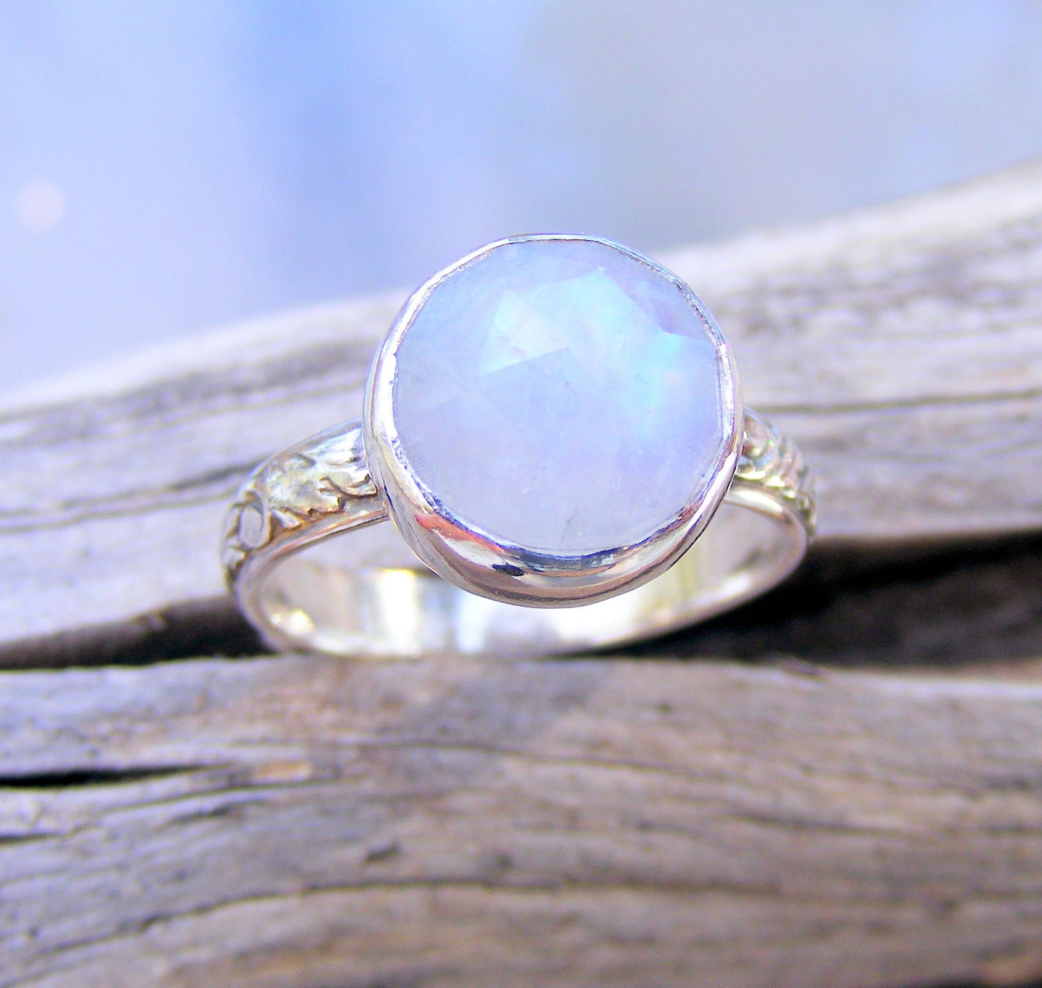 Faceted Moonstone Ring, Rainbow Moonstone Ring, Recycled Sterling Silver Moonstone Ring, Floral Pattern Ring Band, Bella's Twilight Ring