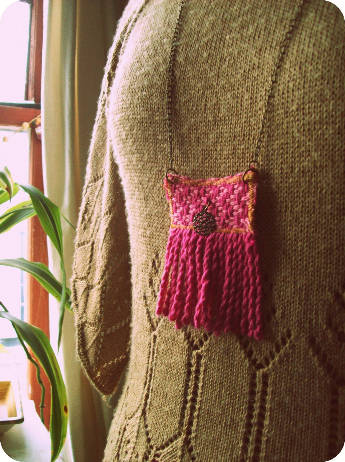 Fuschia and Sunshine Vintage Trim Fringe Necklace