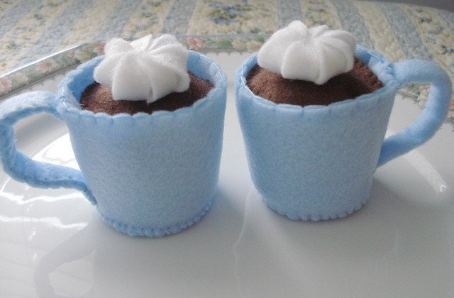 Two Light Blue Mugs of Hot Chocolate Eco Friendly Felt Play Food