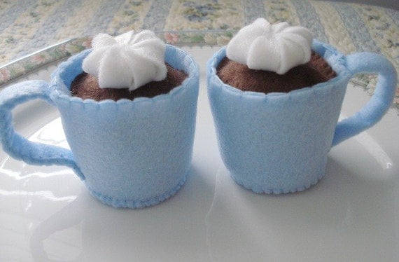Two Light Blue Mugs of Hot Chocolate Eco Friendly Felt Play Food