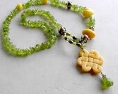 Peridot Lariat Necklace with Baltic Amber and Yellow Jade