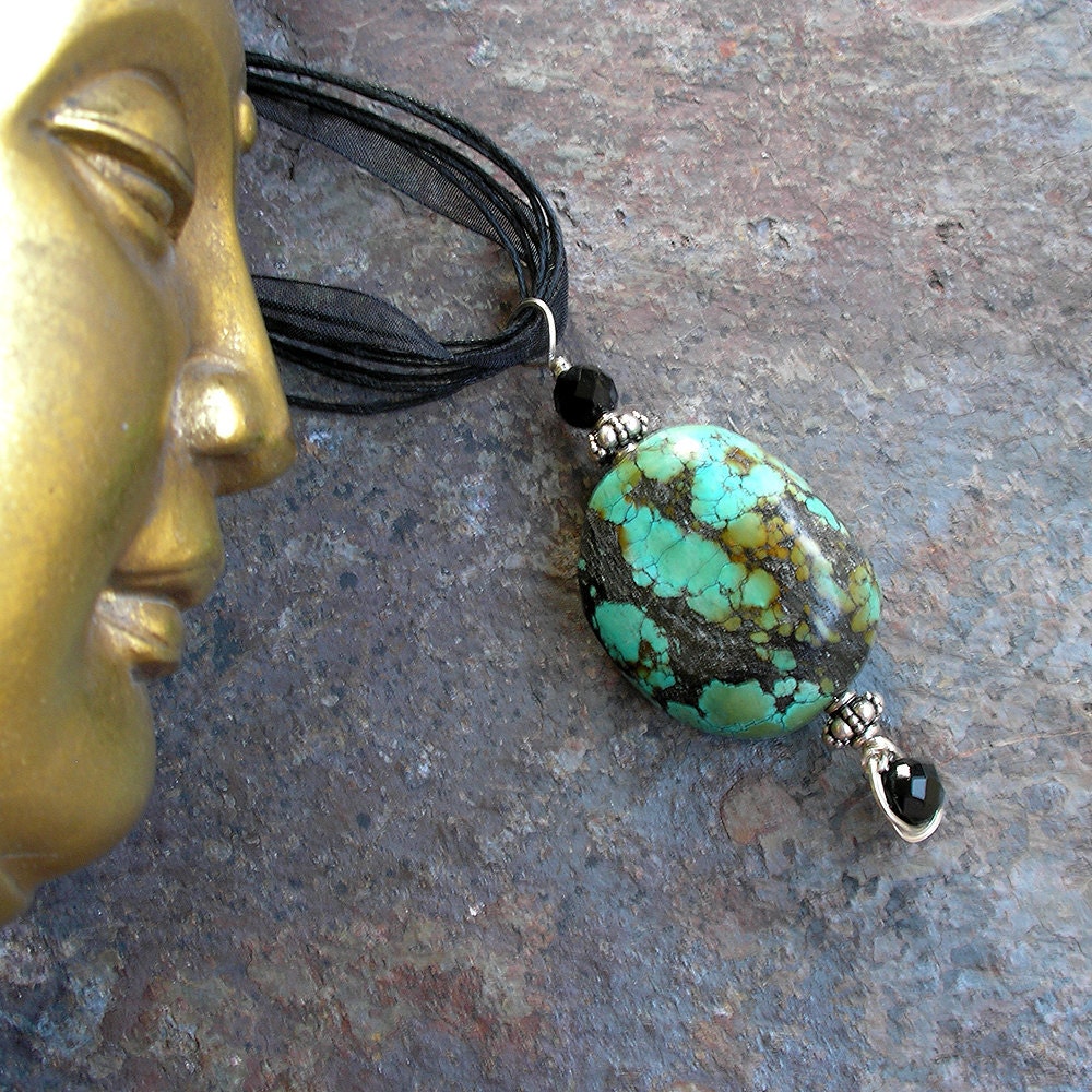 Turquoise, Sterling Silver Pendant Necklace w/ Black Onyx Accents