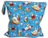 Large Wet Bag in Retro Rockets with Snap Handle -Heat Sealed- As seen in PREGNANCY & NEWBORN MAGAZINE
