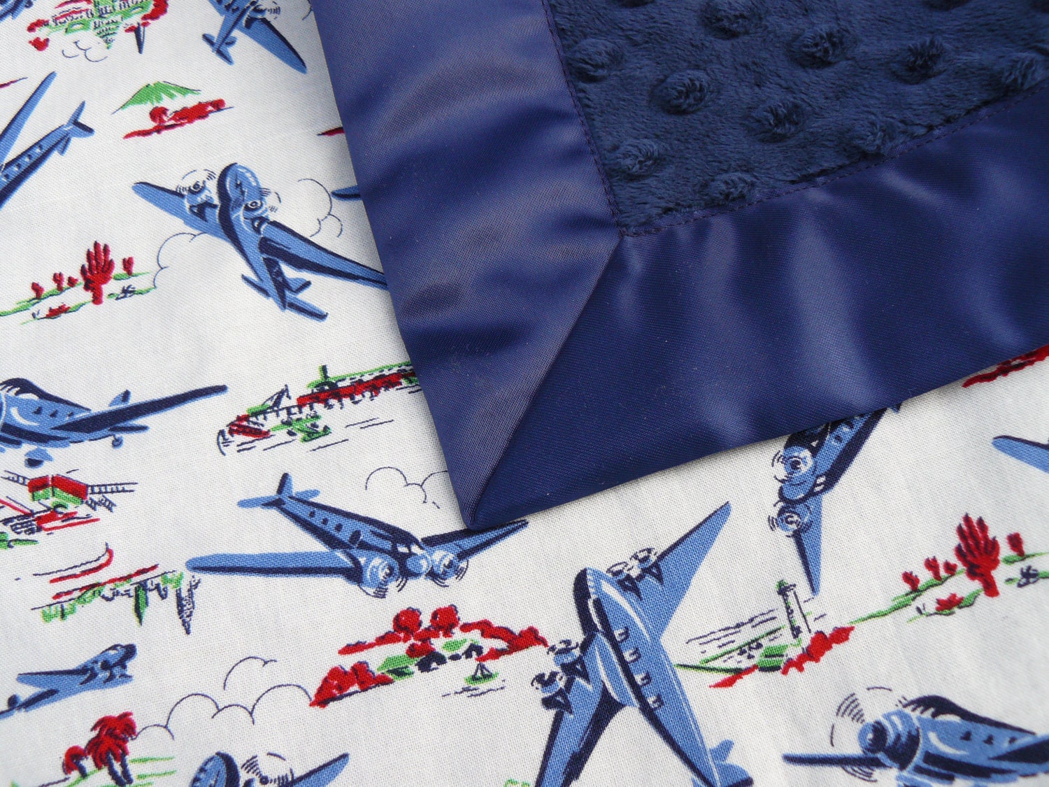 Lovey Blanket in Blue Yonder Vintage Airplanes with YOUR CHOICE of satin and minky dot