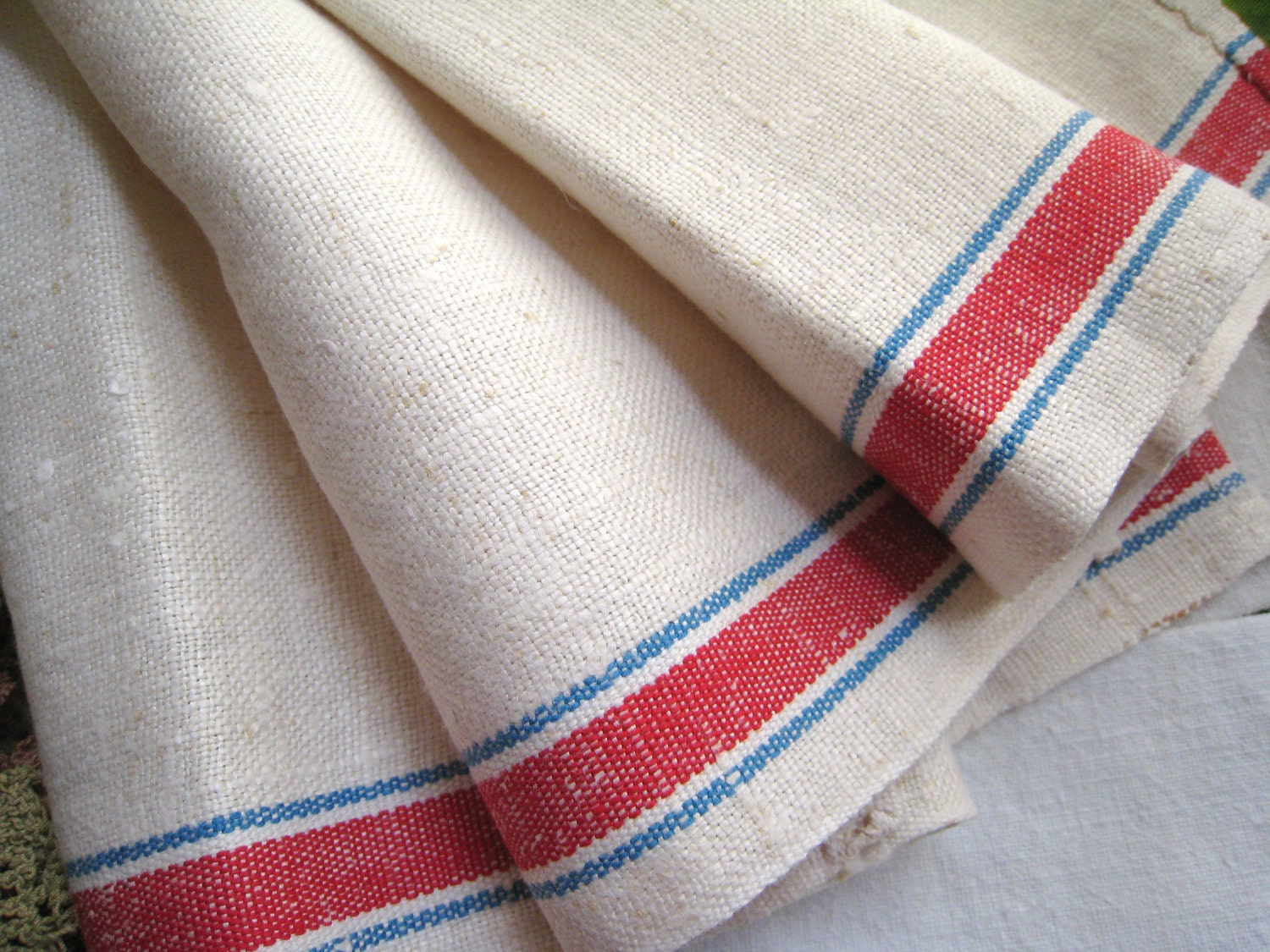 2 Linen Kitchen Towels Red Blue Stripes Homespun Linen Circa 1940 Vintage Farmhouse Kitchen Hand Hemmed