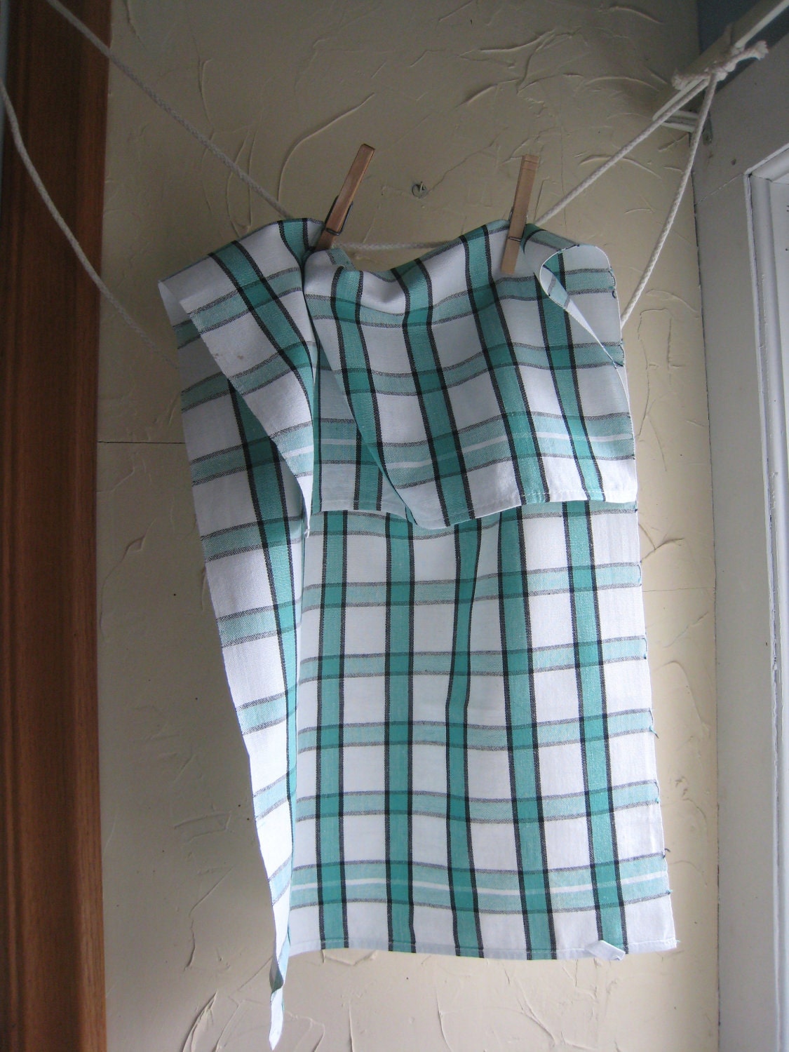 2 Summer Green and Black on White Cotton Kitchen Tea Towel Circa 1970 Cannon