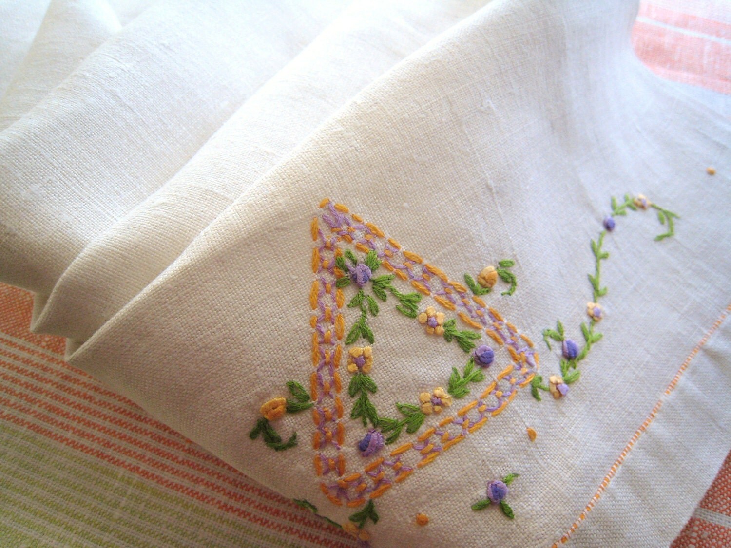 Vintage Linen Tea Towel Mid Century Circa 1950 Embroidered Purple Yellow Green Gold