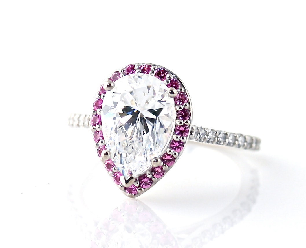 Moissanite Ring Pink Sapphire Halo Engagement Ring Custom Pear Setting 14K 18K White Yellow Rose Gold Platinum Bridal Jewelry