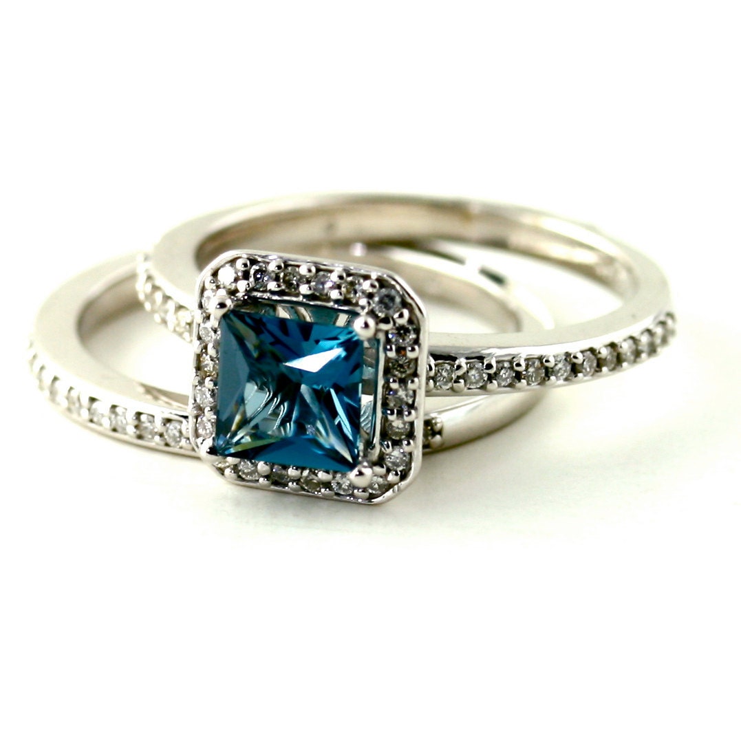 14K London Blue Topaz Engagement Ring & Matching Band Diamond Halo Wedding Set Custom Bridal Jewelry 18K White Yellow Rose Gold Platinum