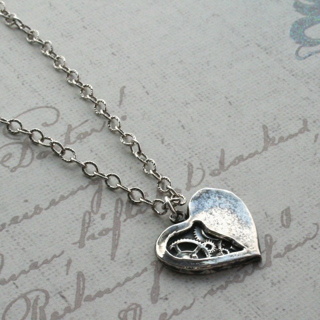 Tick Tock Clockwork Heart Necklace - Steampunk Necklace Watch Gears - Sterling Silver Pendant Handmade Jewelry .925 Silver