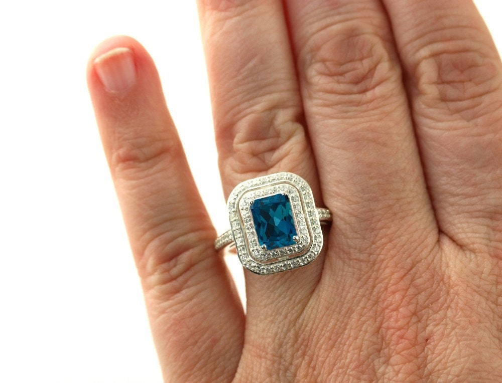 14K London Blue Topaz Ring Double Diamond Halo Engagement Ring 14K 18K White Yellow Rose Gold Bridal Jewelry