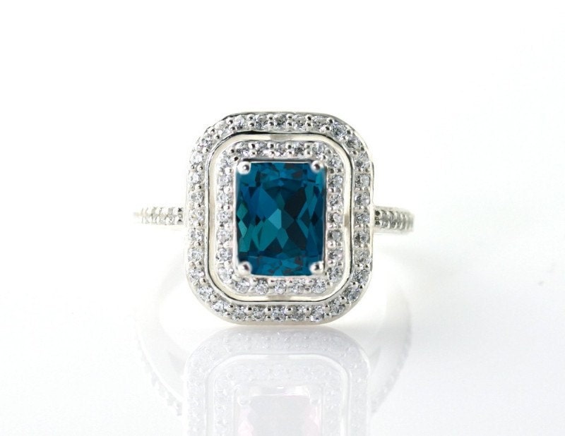 14K London Blue Topaz Ring Double Diamond Halo Engagement Ring 14K 18K White Yellow Rose Gold Bridal Jewelry