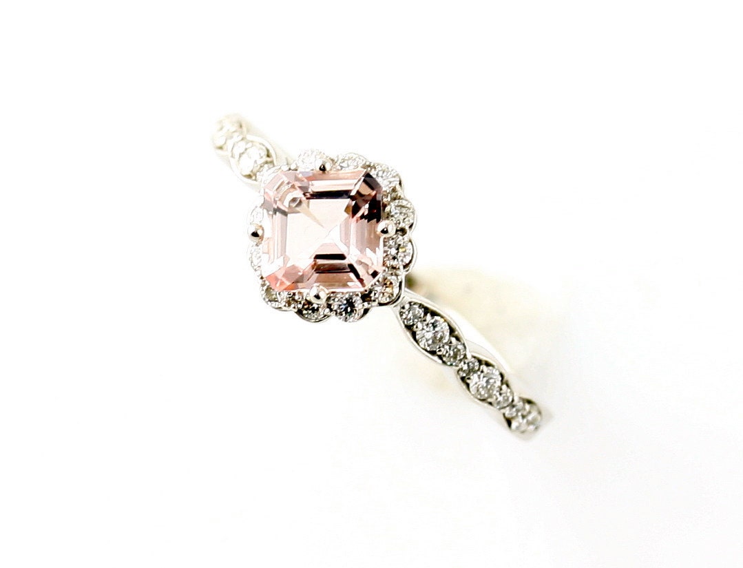 14K Asscher Morganite Diamond Wedding Set Engagement Ring & Band Custom Bridal Jewelry