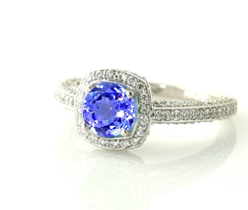 14K Tanzanite Ring Tanzanite Engagement Ring Diamond Halo Setting 18K Gold Platinum Palladium Custom Bridal Jewelry