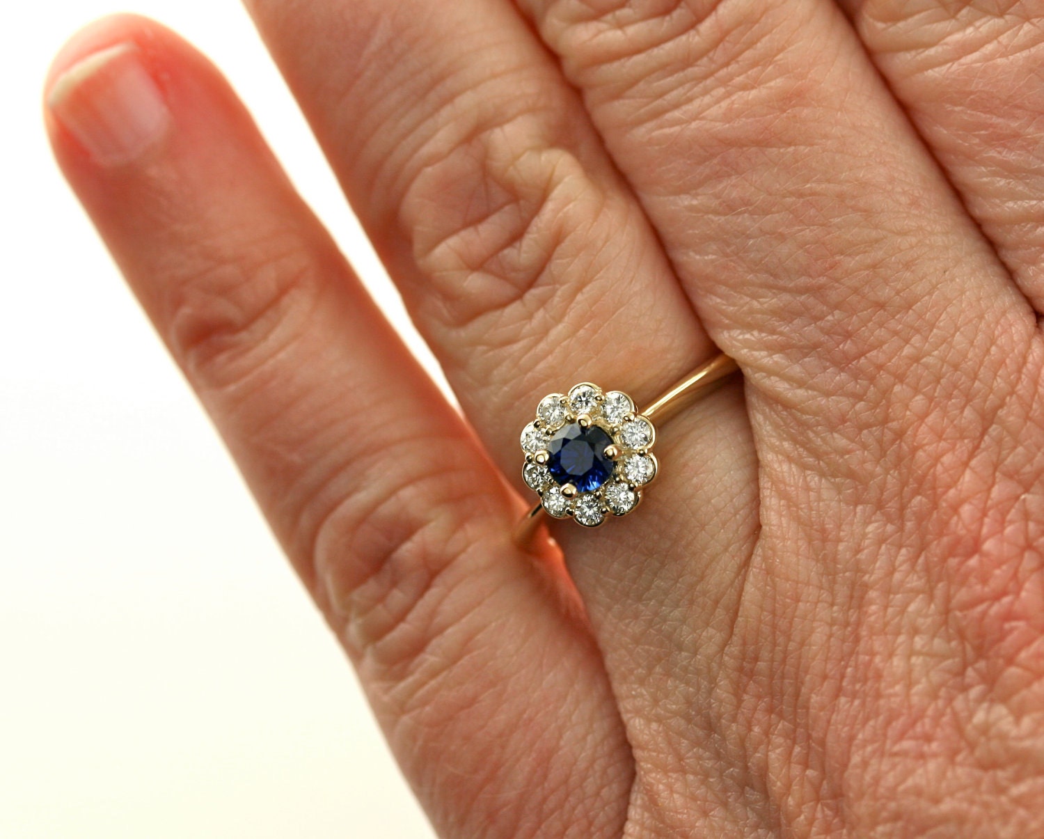 14K Blue Sapphire Diamond Halo Engagement Ring 14K 18K White Yellow Rose Gold Platinum Palladium Bridal Jewelry