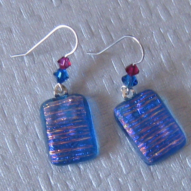Blue Dichroic Earrings, Swarovski Crystal Earrings, Fused Glass Jewelry, Dichroic Jewelry