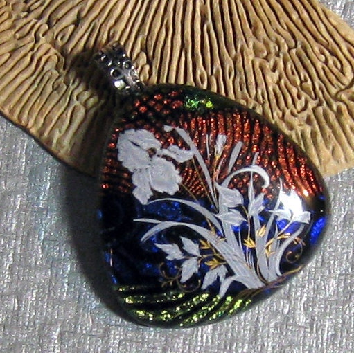 Dichroic Fused Glass Copper Pendant Iris Decal