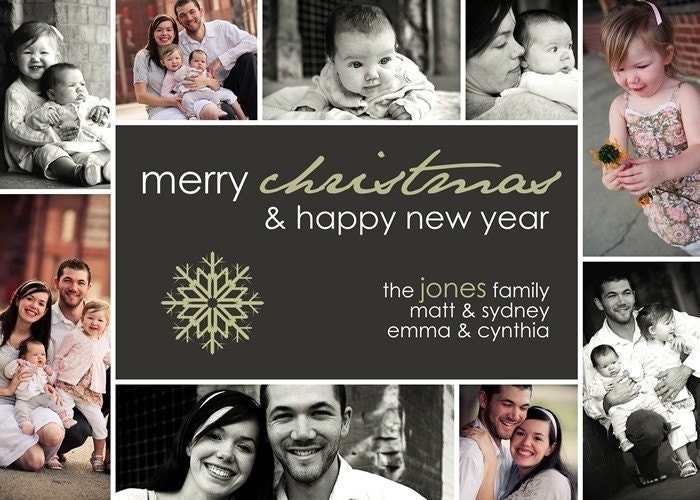 Snow Flake Gray, Green, White Collage - Custom Photo Family Holiday \/ Christmas Cards