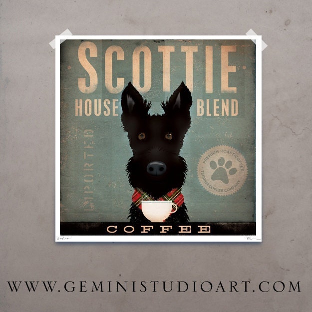 Scottie Coffee Company Scottish Terrier original illustration giclee archival signed artist's print 12 x 12