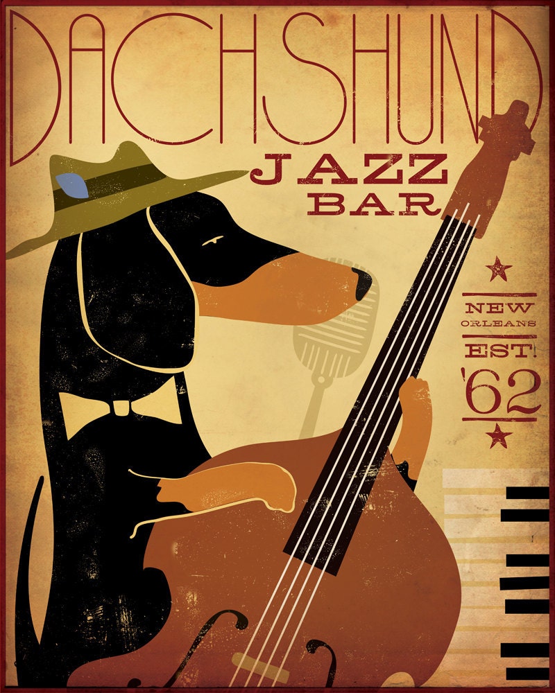 Dachshund Jazz Bar original graphic illustration on canvas 18 x 24 x 1.5 by Stephen Fowler