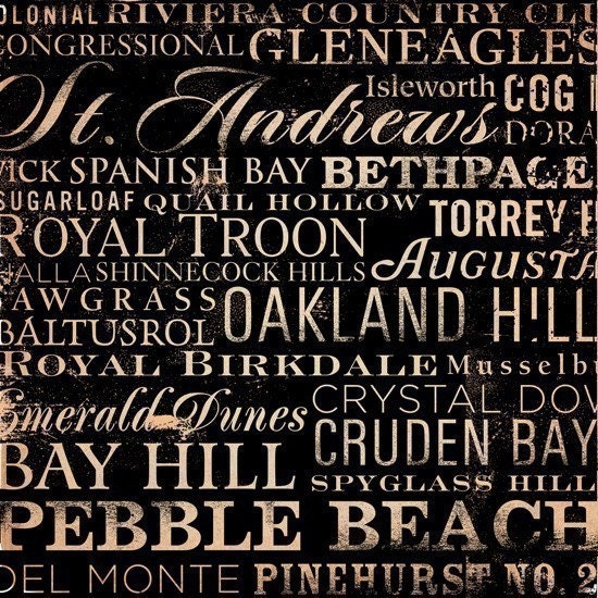 Golf Courses of the World typography original graphic art on canvas 16 x 16 by stephen fowler