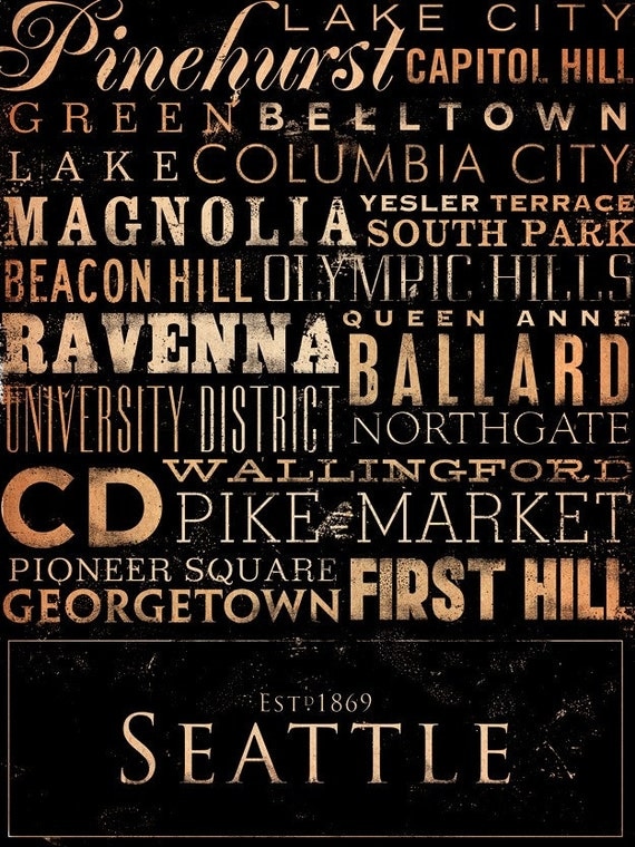 Seattle neighborhoods typography graphic art word on canvas 14 x 18 by stephen fowler