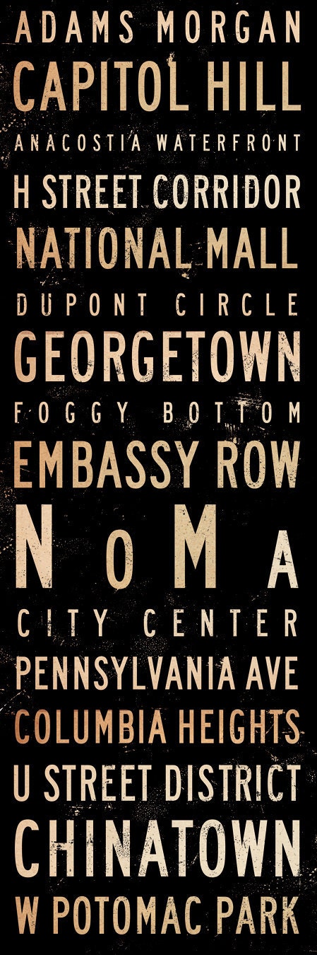 Washington D.C. neighborhoods typography graphic art on canvas original 8 x 24 x 1.5 by gemini studio