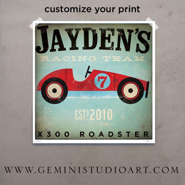 Children's Art racing team race car original illustration giclee archival print 12 x 12 customize it