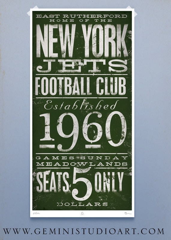 New York Jets Football club typography original graphic art giclee archival signed print 12 x 24 by gemini studio unframed