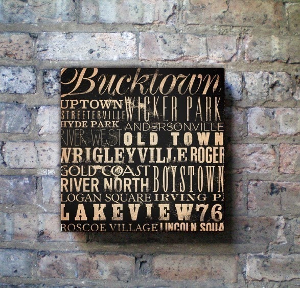 Chicago neighborhoods typography graphic art on canvas 16 x 16 by stephen fowler