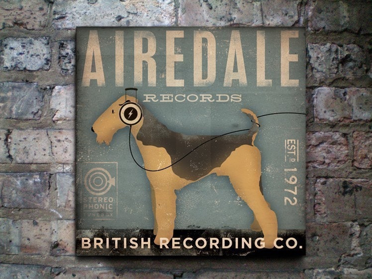 AIREDALE records original graphic art illustration on canvas 12 x 12 x 1.5 by gemini studio