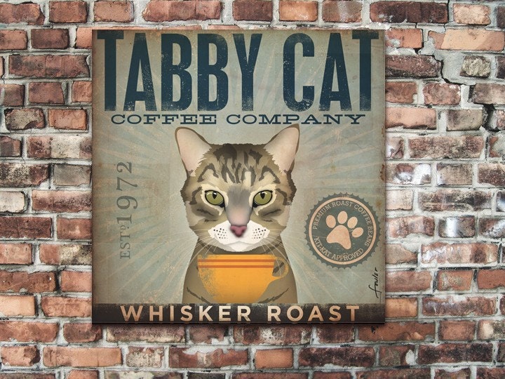 Tabby Cat Coffee Company graphic artwork on canvas original 12 x 12 inches by gemini studio