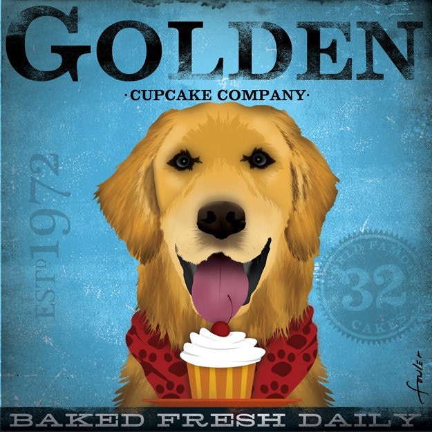 Golden Retriever Cupcake Company original graphic illustration giclee archival signed artist's print 12 x 12
