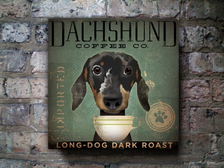 Dachshund Coffee Company original graphic art collage on canvas 12 x 12 x 1.5
