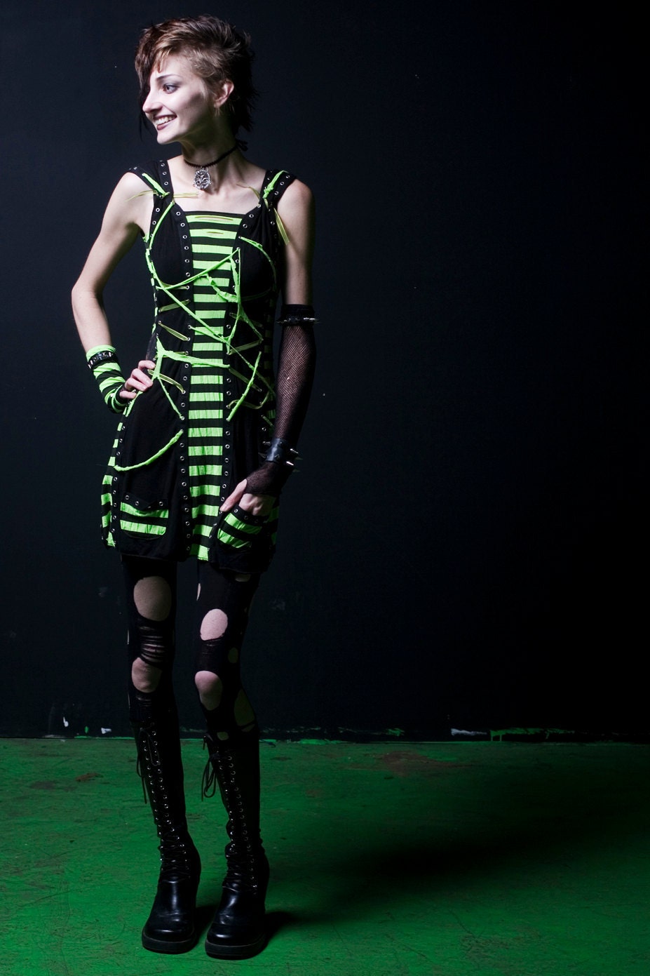 Distressed Neon Green and Black Striped SLAYER Dress